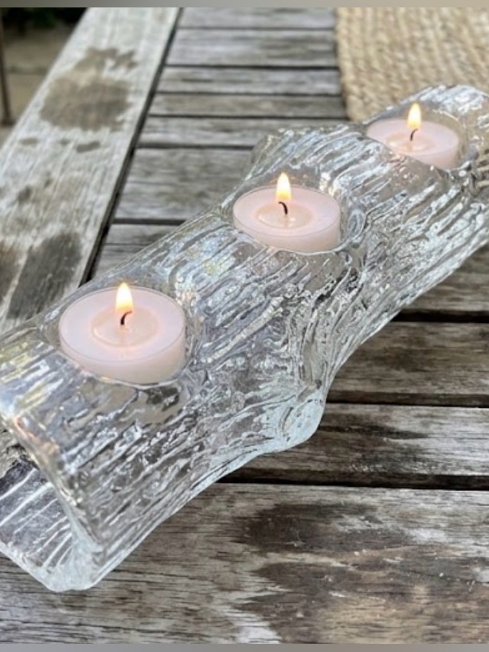 Vintage Clear Textured Glass Faux-Log 3-Tea Light Candle Holder Centerpiece